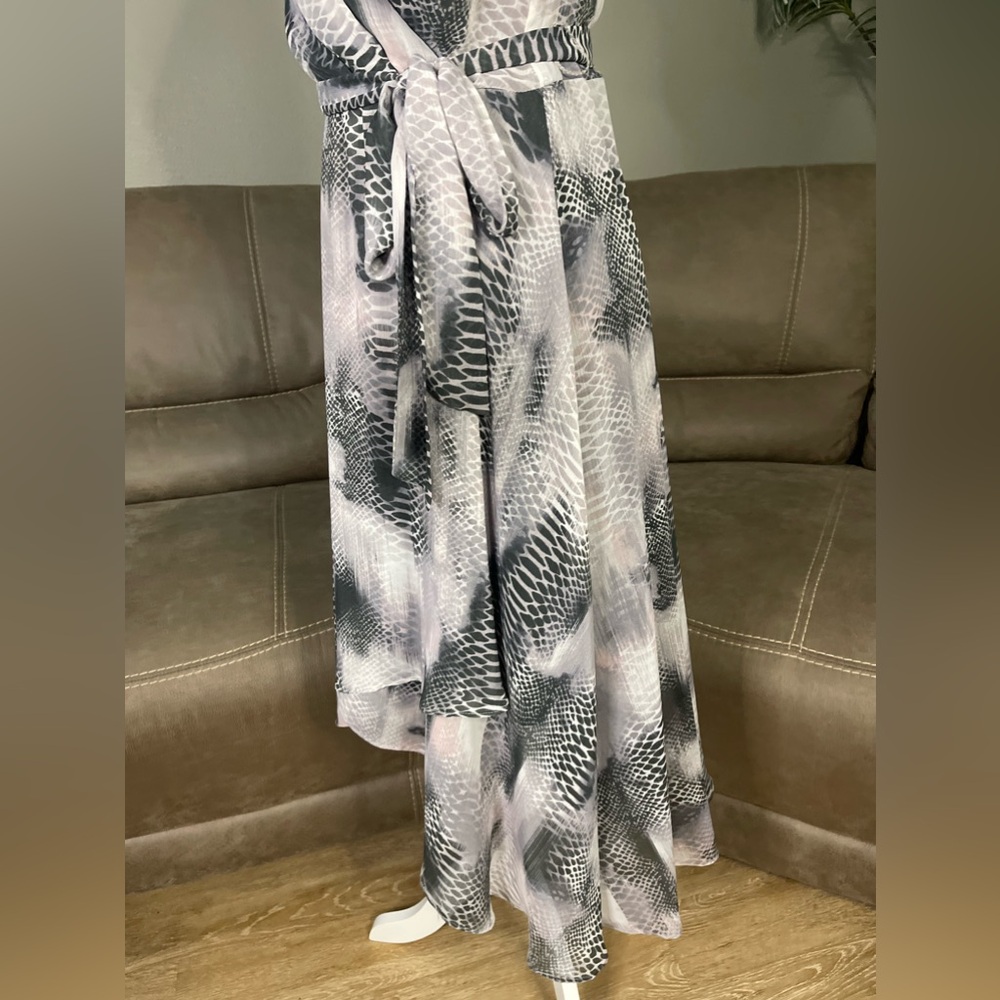 DKNY Purple Charcoal Snake Print High Low Flutter Sleeve Dress Sz 10 Summer Date - Picture 11 of 16